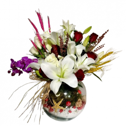beyaz lilyum ve mevsimsel çiçekler tasarım aranjman