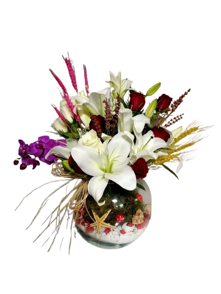 beyaz lilyum ve mevsimsel çiçekler tasarım aranjman