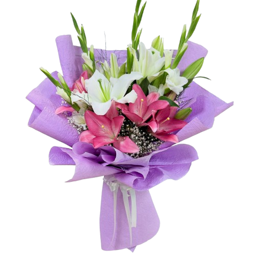 pembe ve beyaz lilyum mevsimsel buket