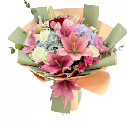 vip ürün ortanca ve pembe lilyum tasarım buket